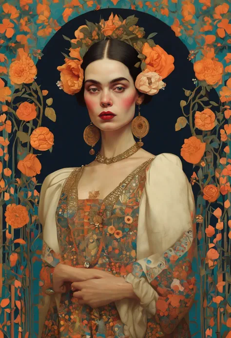 a painting of a woman, an ultrafine detailed painting inspired by Kahlo, cg society contest winner, qajar art, andrey remnev, mucha klimt and tom bagshaw, gustav klimt style, frida, jen bartel, style of gustav klimt, gorgeous art, adrian borda