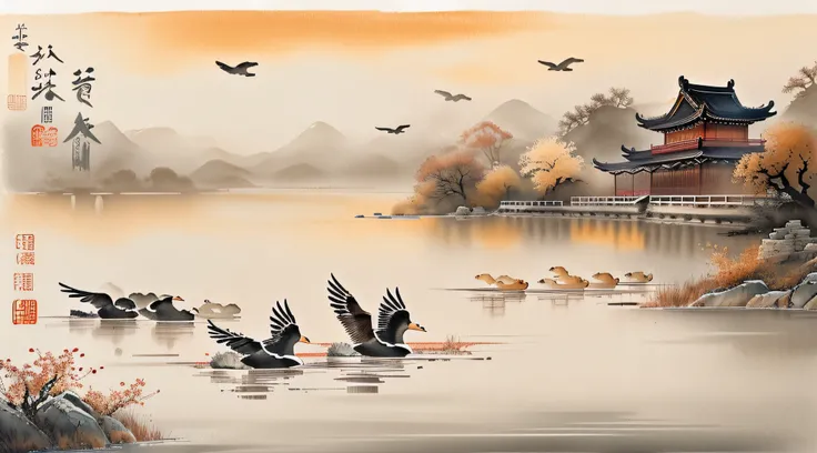 China ink painting，ink，the setting sun，Wild geese flying in the sky in the distance，The autumn water is the same for a long time，The beauty of ancient poetry，