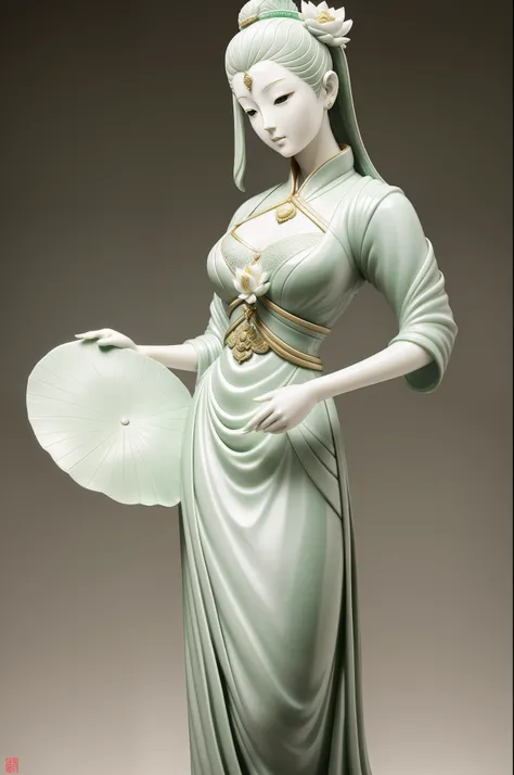 Statue of a woman holding a lotus leaf, by Russell Dongjun Lu, james jean and wlop, porcelain sculpture, pop japonisme 3 d ultra detailed, highly detailed sculpture, inspired by Fei Danxu, jade sculpture,