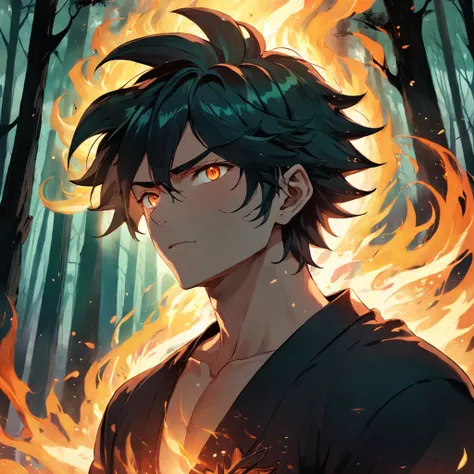 Amidst an ancient and overgrown forest, the essence of magic takes form through a man, his hair as dark as the shadows and his eyes a radiant golden blaze. A mystical mark graces his neck, shimmering with latent power. Within a clearing, he stands engulfed...