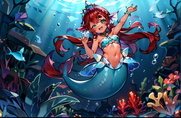 🧜‍♀️🧜🏻‍♀️🐡🐠🐟🪸🐚🫧Mermaid, Distant view, Mermaid Girl, mermaid, head fins, scales, Beautiful fishtail, Suletta Mercury, Smile, Closed eyes, Open mouth, pearl tiara, 
aqua eyes, Brown-skinned, hair between eye, (Long hair), Red hair, swept bangs, Thick eyebrow...