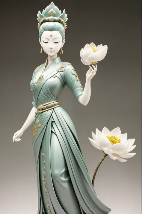 Statue of a woman holding a lotus leaf, by Russell Dongjun Lu, james jean and wlop, porcelain sculpture, pop japonisme 3 d ultra detailed, highly detailed sculpture, inspired by Fei Danxu, jade sculpture,