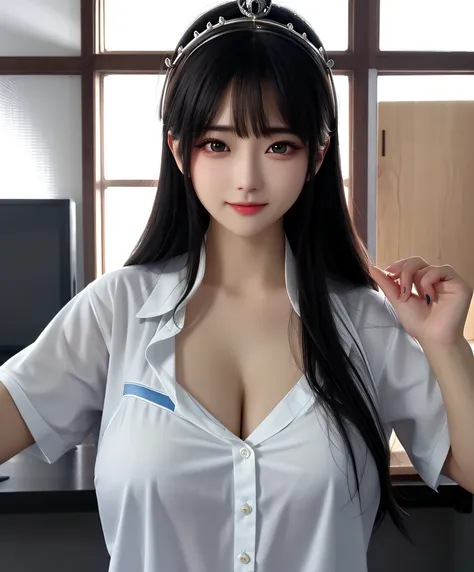 Best quality、tmasterpiece、A high resolution、1girl、There is one wearing a shirt，Woman with a crown on her head, wearing  shirt, oppai, cleavage, Open V chest clothes, Breast coverage and SF, wearing a strict business suit, the breasts are large, Big breasts...