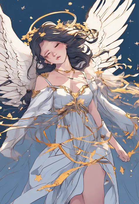 The subject：Angel Maiden Flying in the Air Branch 1：Dark blue background in the sky Branch 2：Angels Wings Branch 3：Angels costumes and hairstyles Branch 4：The sad expression of the angel and the gesture of flying in the sky Branch 5：The Beautiful Face of t...