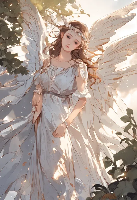 The subject：Angel Maiden Flying in the Air Branch 1：Dark blue background in the sky Branch 2：Angels Wings Branch 3：Angels costumes and hairstyles Branch 4：The sad expression of the angel and the gesture of flying in the sky Branch 5：The Beautiful Face of t...