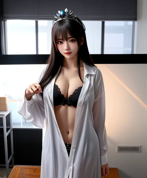 Best quality、tmasterpiece、A high resolution、1girl、There is one wearing a shirt，Woman with a crown on her head, wearing  shirt, oppai, cleavage, Open V chest clothes, Breast coverage and SF, wearing a strict business suit, the breasts are large, Big breasts...