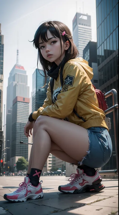 Araffe sitting on a ledge in a city with a building in the background, the anime girl is crouching, Estilo anime misturado com Fujifilm, menina bonita do anime agachamento, menina sentada em um telhado, Menina anime na vida real, Trend in CGTacing:, Anime ...