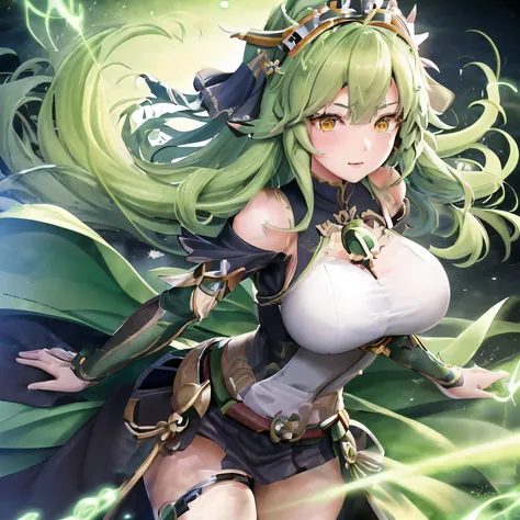 anime girl with green hair and a crown on her head, ayaka genshin impact, portrait knights of zodiac girl, anime goddess, extrem...