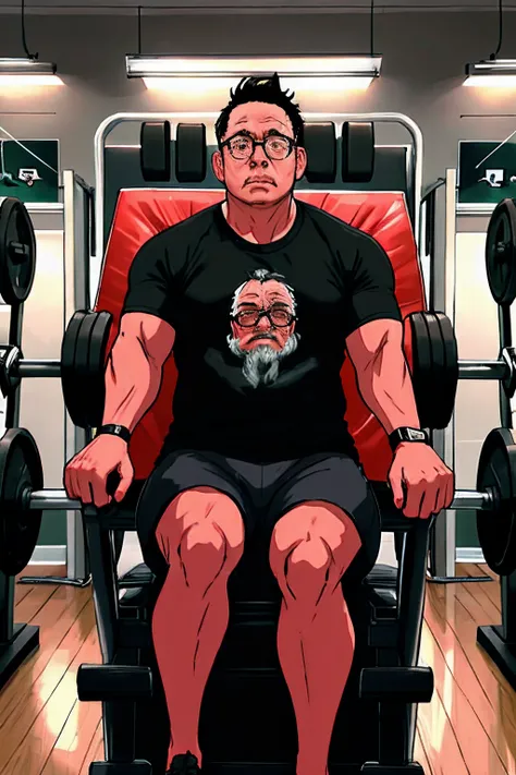 Crie um retrato extraordinariamente detalhado e realista de um homem, glasses perched on his face, who is described as a dedicated personal trainer. He is shown in a gym, giving instructions to her student while she uses a gym machine. The focus should be ...