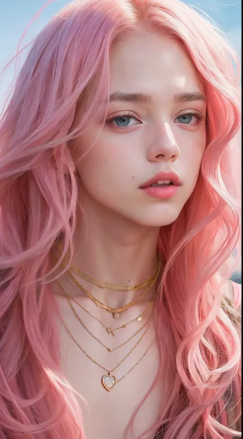 Close up of a man with blonde hair and necklace, digital art inspired by Yanjun Cheng, Tumblr, Rococo, portrait of jossi of blackpink, portrait jisoo blackpink, Flowing pink hair, Long flowing pink hair, long bubblegum hair, with pink hair, Pink girl, pink...