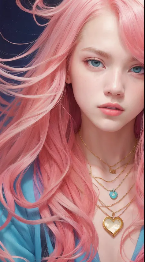 Close up of a man with blonde hair and necklace, digital art inspired by Yanjun Cheng, Tumblr, Rococo, portrait of jossi of blackpink, portrait jisoo blackpink, Flowing pink hair, Long flowing pink hair, long bubblegum hair, with pink hair, Pink girl, pink...