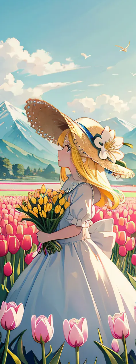 Looking up, looking at the large sea of tulip flowers, in the distance are snow-capped mountains, butterflies flying, flocks of birds flying, white skin, yellow hair, big eyes with freckles, small mouth, small figure, straw hat looking into the distance, h...