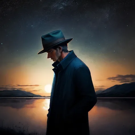 Lonely man in a hat in a dark blue night