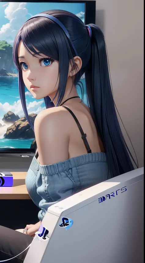 Menina anime sentada na mesa com video game console Playstation  5、animesco jovem menina 20 anos, olhos azuis, Estilo de Arte de Anime de alta qualidade, Moe Estilo de Arte Anime, jovem mulher de anime, com capuz, Anime Art Wallpaper 8K, Anime Wallaper, hi...