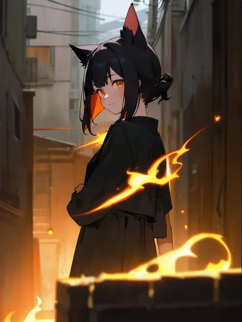 ​masterpiece, top-quality, 1girl in, The upper part of the body, natta, Lit up、shorth hair, , A dark-haired, Cats ears、Black attire, frilld,Back alley