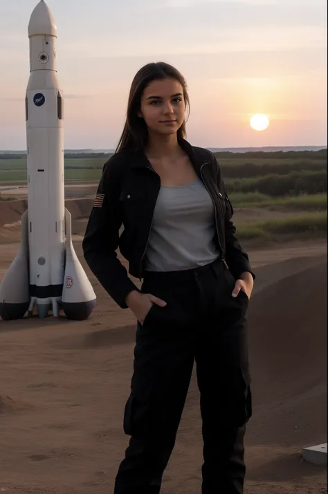 une jeune fille brune de 18 ans, pantalon cargo noir, at a rocket launch site, coucher de soleil