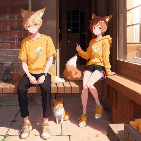 Anime characters sitting on benches，with a dog and a cat, Realistic anime 3 D style, Fox ears, In anime style, Guviz-style artwork, realistic anime artstyle, High Quality Anime Art Style, in an anime style, fox-girl, anime realism style, Casual clothing, A...