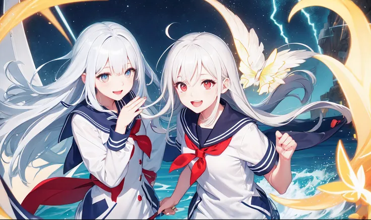 Background with、Lightning at sea、High school girl with fluttering white hair、Red eyes、gentle face、tall、a sailor suit、Cute laughing face！