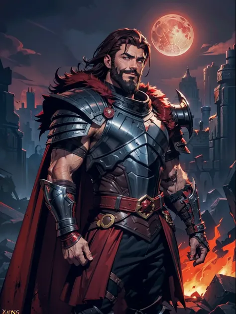 dark night blood moon background, darkest dungeon style, game portrait. kevin smith as ares from xena, athlete, short mane hair,...