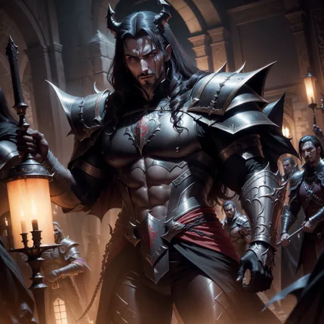 Castlevania Shadow Lord hyper realistic super detailed Lord Dracula Moroccan style leather armor leading troops armed with demons to war hyper realistic super detailed Dynamic shot cinematic scenes movie characters Dynamic