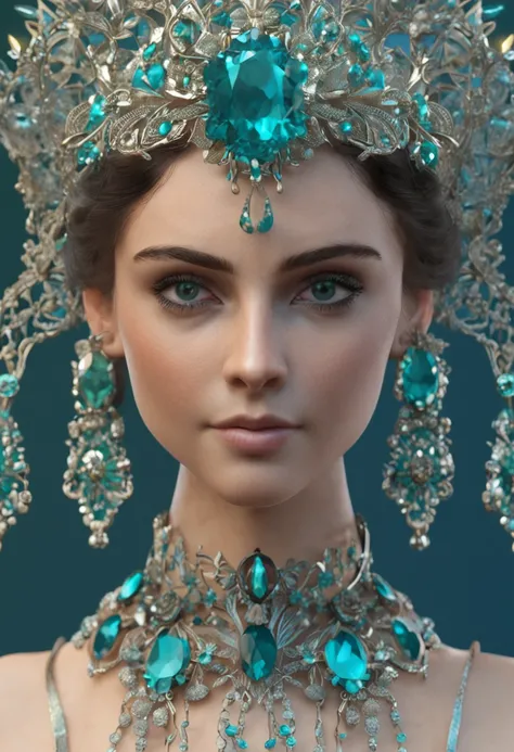 teens girl, Ivory headdress, Blue-green gemstones, a 3D render, rendering by octane, intricately details, Filigree decorative tiara, Cinematic