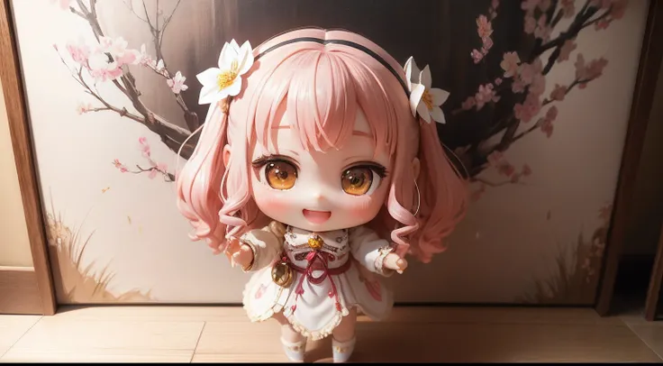 photoRealstic、Doll standing in front of the painting、laugh face、Water droplets on the cheeks、Selfie Pose、spreading arms widely、Sengai、pixiv、rokoko、dollfie dream、watercolor Nendoroid、(High Definition Figure)、flowing sakura-colored silk、nendroid、bustup、Camel...