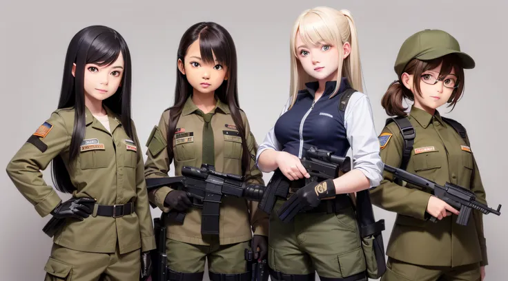 3 girls posing for a photo with guns and in army-like clothes