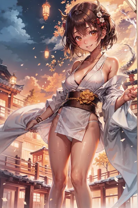 (masutepiece, Best Quality:1.2), (1girl in, Solo), 20yr old, Upper body, (Kimono, Undressing, White Bikini Bra), (Brown Short Hair, Brown eyes), Burning Devils Horn, Smile, (Sweat:1.1), gleaming skin, The ancient capital of Japan, nigh sky, From Side