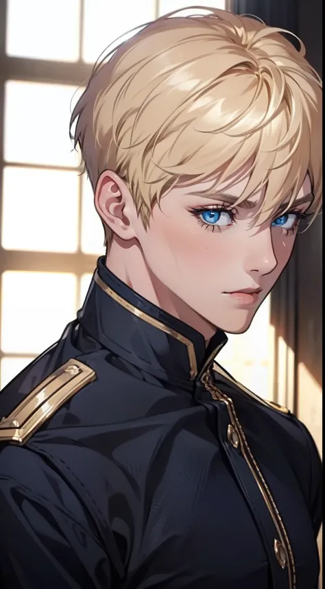 1 male with unique and beautiful features. He has bronze skin, short blond hair, ((big eyes, charming blue eyes, that give his face a touch of mystery and attraction)), He wears elegant and innovative clothes that reflect a unique character and a strong pe...