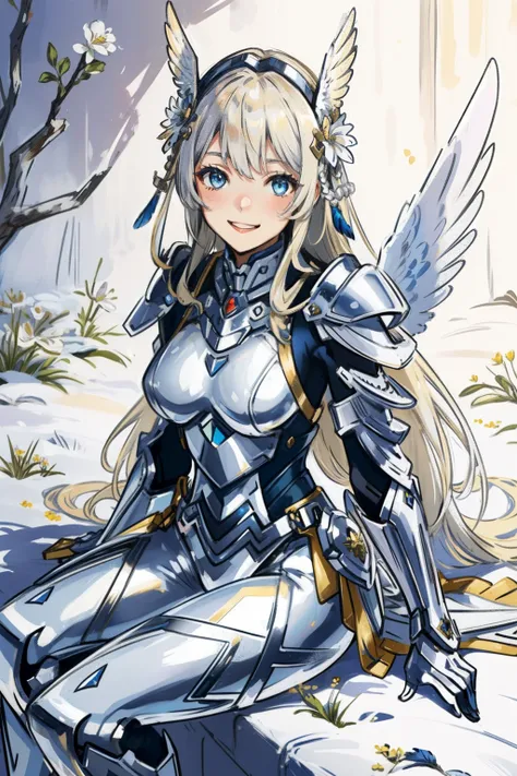 (​master piece, Best Quality),  Intricate details, valkyrie, kawaii, Happy smile, (((Laugh))), Looking at Viewer, Feather Headgear, Flower meadow, Sitting, flat breast, 22year old, white balance, 
1 girl in, Solo, Portrait, long Plutinum Blonde Hair, droop...