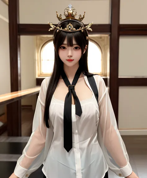 Best quality、tmasterpiece、A high resolution、1girll、There is one wearing a suit，Woman with a crown on her head, wearing  shirt, oppai, cleavage, Open V chest clothes, Breast coverage and SF, wearing a strict business suit, the breasts are large, Big breasts...