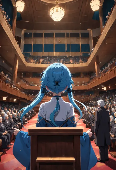 A low-angle photo of a blue-haired woman in the center of Parliament House, his voice sounding with pride and strength as he speaks of his heritage.