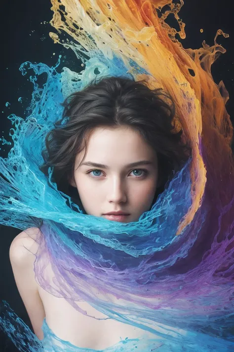 Colorful beautiful girl: a 20 year old girl, messy hair, oil painting, perfect face, soft skin perfect face, blue-yellow, light purple and violet addition, light red addition, intricate details, splash screen, 8k resolution, masterpiece, cute face, artstat...