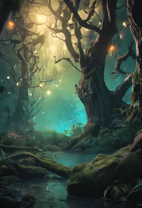 "Create an enchanting forest scene with towering, bioluminescent trees that emit a soft, otherworldly glow. Show a clear, starlit sky above, and mysterious creatures lurking in the shadows."