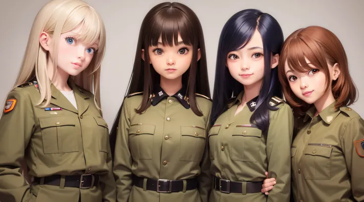 3 girls posing for a photo with army clothes