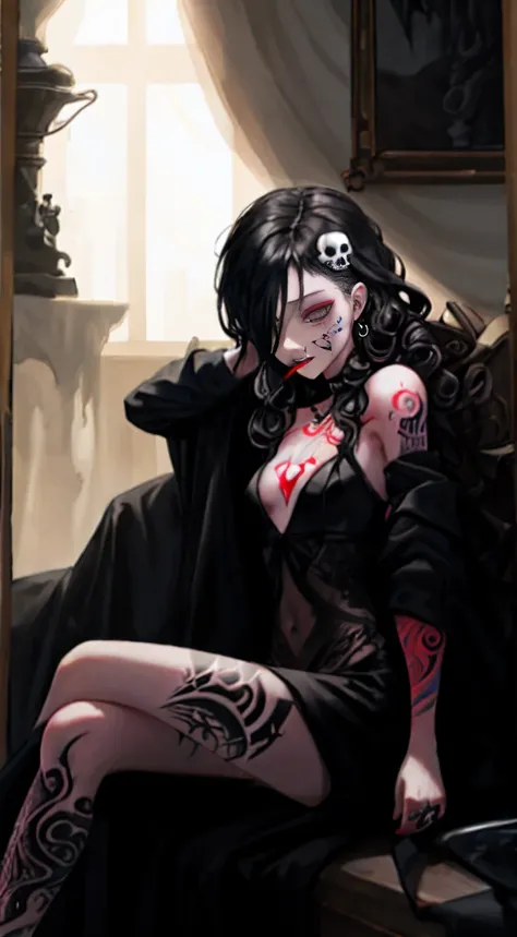 Gothic, albinism, Lori huge breasts cleavage, Vampires, darkly, Sick, full bodyesbian, Messy hair, ((Small breasts) Petite, Exposed breasts, exhibitionists:1.2)), Encaustic painting, covering eyes, Barefoot, Feet up, Moles under the mouth, black hair band,...