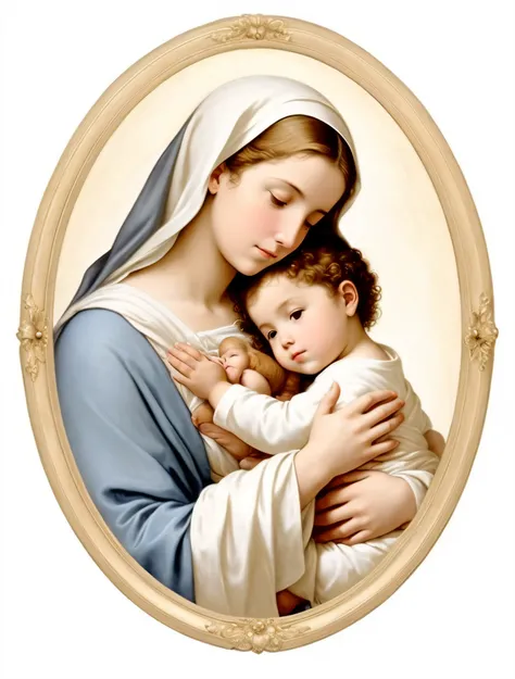 a painting of a woman holding a baby in her arms, Com o Menino Jesus, Virgem Maria, mother mary, mami, mother sarah artist, Obra-prima italiana, queen of heaven, santo e belo, foto de perfil, 2 5 6 x 2 5 6, 256x256, obra-prima obra de arte, maternal, Catho...