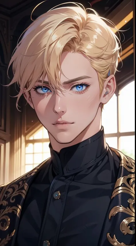 1 male with unique and beautiful features. He has bronze skin, short blond hair, ((big eyes, charming blue eyes, that give his face a touch of mystery and attraction)), He wears elegant and innovative clothes that reflect a unique character and a strong pe...