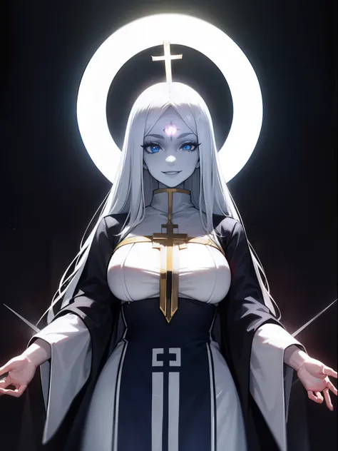 1girl,solo,blue eyes,demonic third eye,white hairs,long hairs, breasts ,pale skin, priest,smile, church,halo