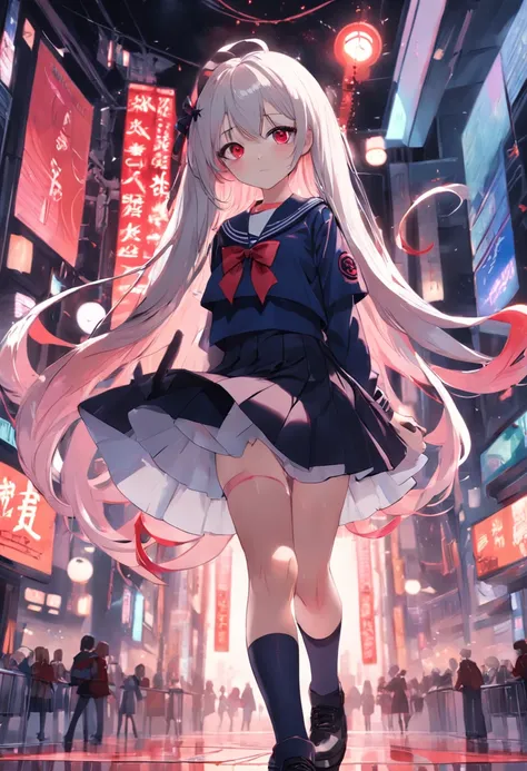 quadratic element，teens girl，Superskirt，a sailor suit，black lence stockings，Flushed complexion，full bodyesbian，white color hair，red color eyes，Lift the skirt，is shy