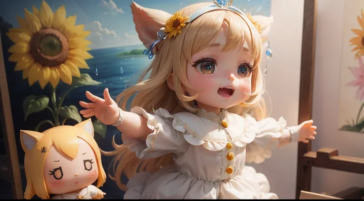 photoRealstic、Doll standing in front of the painting、laugh face、Water droplets on the cheeks、Selfie Pose、spreading arms widely、Sengai、pixiv、rokoko、dollfie dream、watercolor Nendoroid、(High Definition Figure)、flowing sakura-colored silk、nendroid、bustup、Sunfl...