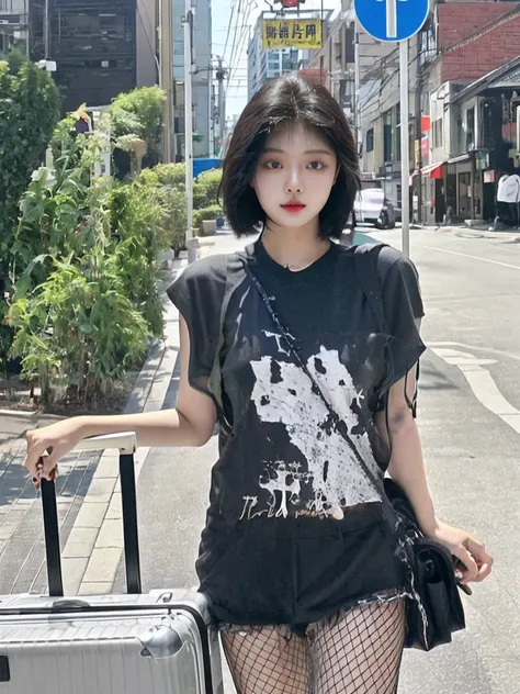 Woman with short black hair and black shirt carrying a suitcase, tzuyu from twice, korean womens fashion model, with ripped crop t - shirt, Choi Hyun-hwa, ulzzangs, Shin Jinying, cruel korean goth girl, She is seen wearing streetwear pieces, with short hai...