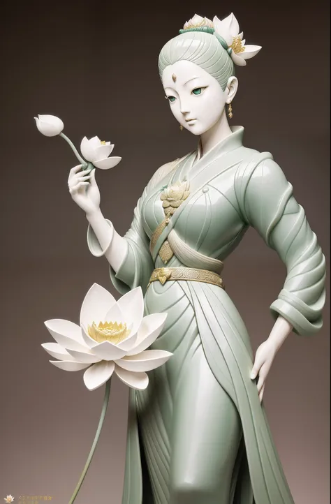 Statue of a woman holding a lotus leaf, by Russell Dongjun Lu, james jean and wlop, porcelain sculpture, pop japonisme 3 d ultra detailed, highly detailed sculpture, inspired by Fei Danxu, jade sculpture,