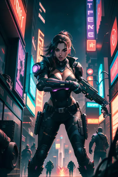 "videogame art case cover poster, futuristic cyberpunk cityscape, intense action-packed scene, dynamic characters, vibrant neon lights, epic battle, intricate details, high-quality rendering, breathtaking visual effects"