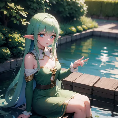 Beautiful elf girl gazes at magic lake。Her eyes shine like stars、It has an 18th-century feel。Fantastic and cinematic 4K 8K elf garden scene。8k wallpaper。,star-shaped pupils