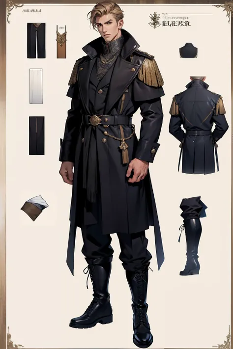 reference sheet：1.8，super details，high quality，master piece，A tall boy，Handsome face，Manteau，long trousers，Martin boots