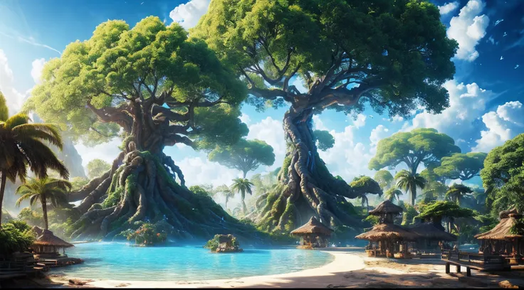 masterpiece, best quality, high quality, extremely detailed CG unity 8k wallpaper, a hyperrealistic colossal cyan raintree, in a futuristic prehistoric village, splashing water, sandy debris, lens flares, sunshaft, fluffy clouds, Hyperdetailed, HDR, bloom,...