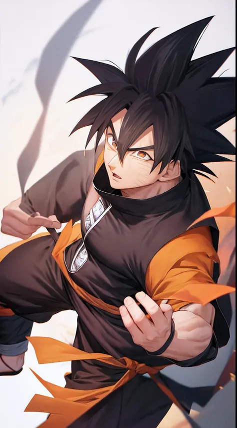 Goku with black super Saiyan Hair and in a change outfit ,(( Face similar to naruto ))