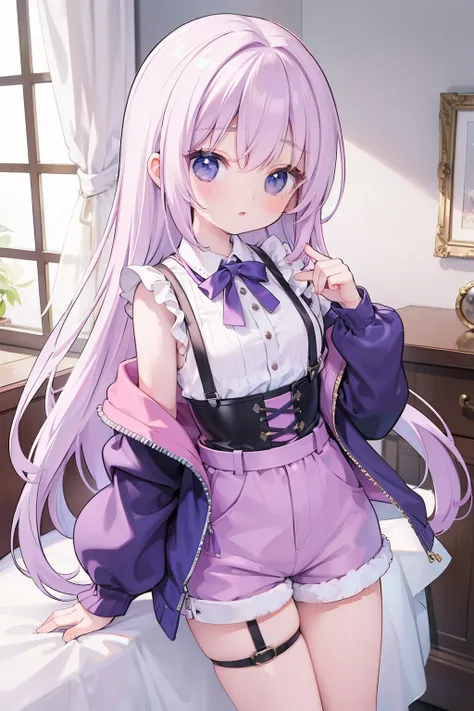 (Masterpiece), (Best quality), (Super detail)offcial art，Open waist V-neck suspenders a little girl with lilac long hair blue shorts on top half loose jacket