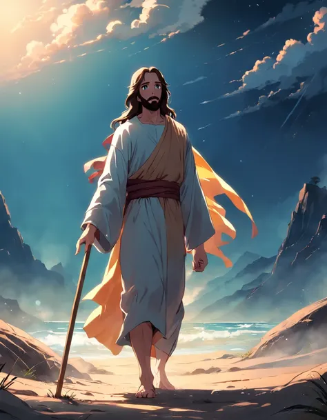 Jesus with a staff in his hand, andando no deserto, 8k, ::n dont want image error, nem de ter mais de 5 dedos, nor of more hands ,nem escrita, nem assinatura.